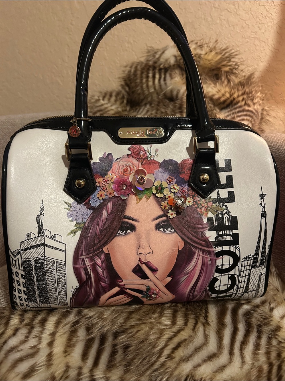 Nicole Lee White Floral Crown Dome Satchel with Black Trim